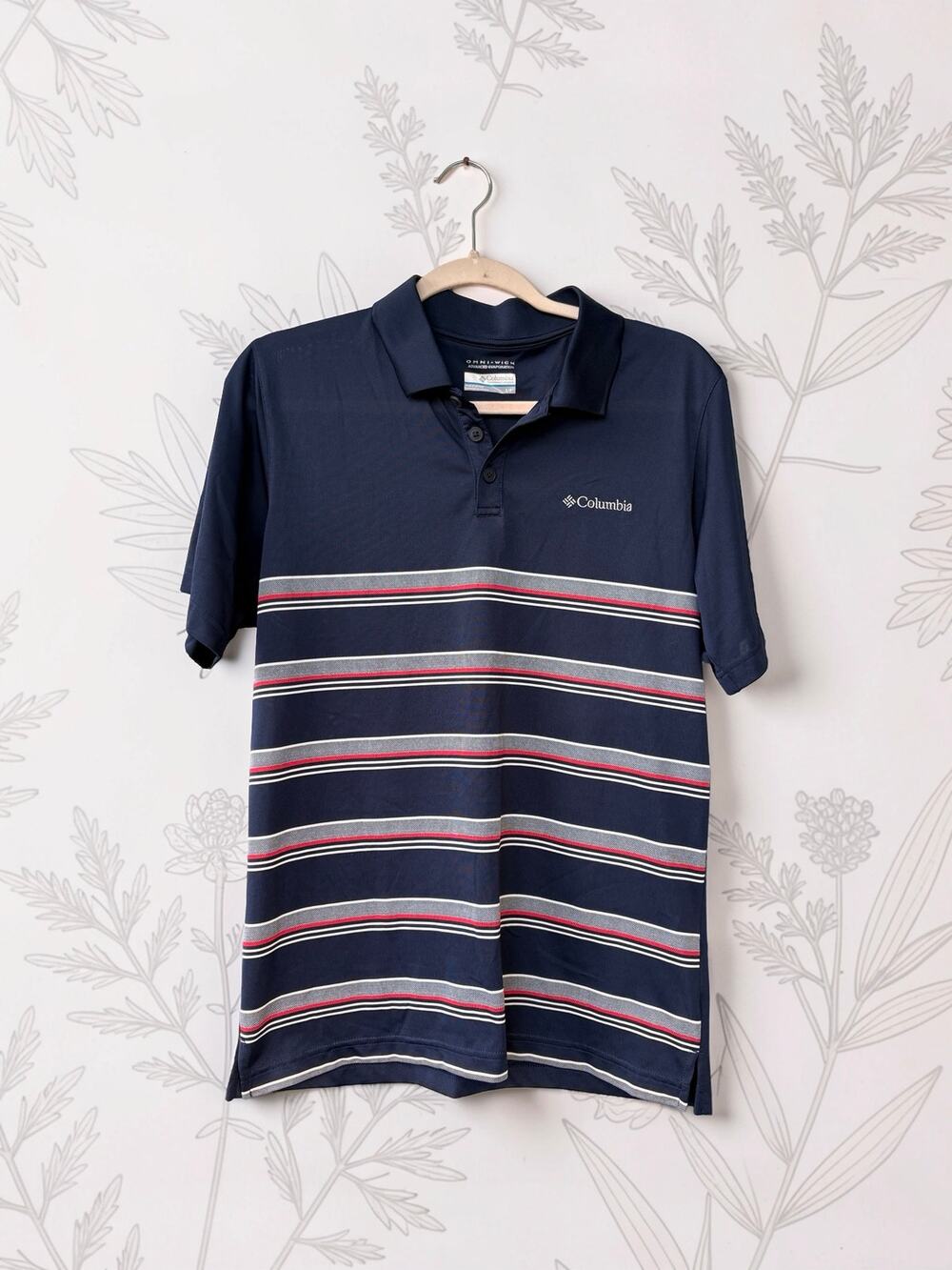 Columbia Omni-Wick Polo Mens Small Navy Red Gray Striped Golf Performance Shirt